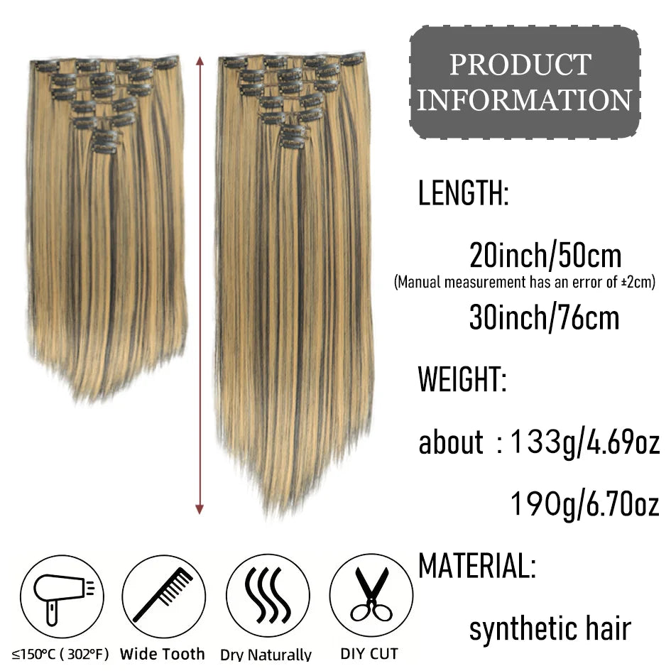 Synthetic 7 pieces/set, 20inch/30inch straight hair extensions, hair clips, female hair accessories, extended extensions