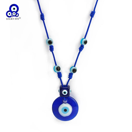 Lucky Eye Glass Blue Turkish Evil Eye Bead Necklace Rope Chain Water Drop Round Pendant Necklace for Women Girls Jewelry NB206