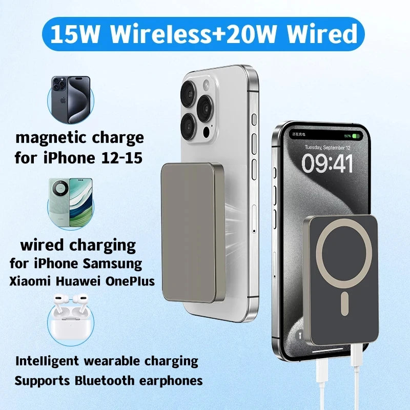 10000mAh Metal Magnetic Wireless Power Bank Thin PD20W Fast Charge for MagSafe iPhone 15 14 13 12 Portable Spare Battery Samsung