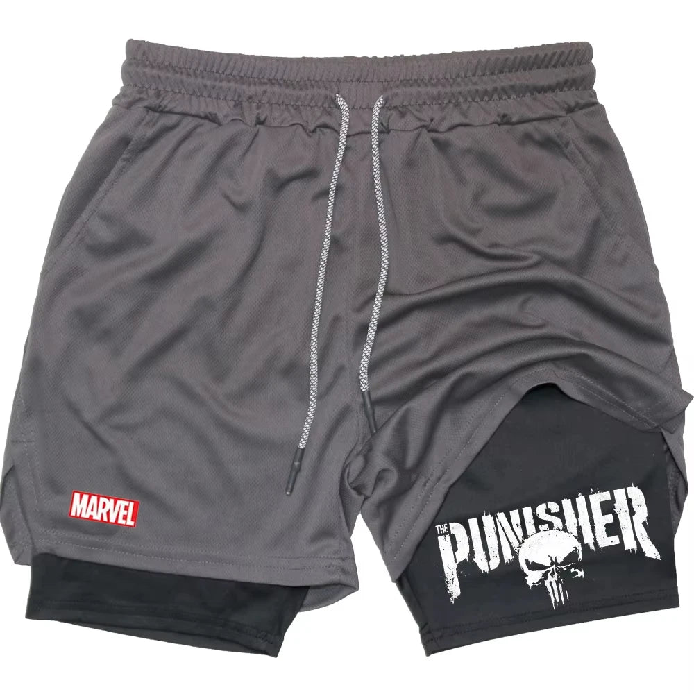 Marvel The Punisher Gym Shorts Men Fitness 2 in 1 Anime Performance Shorts Mesh Quick Dry Athletics Short Pants Summer Male