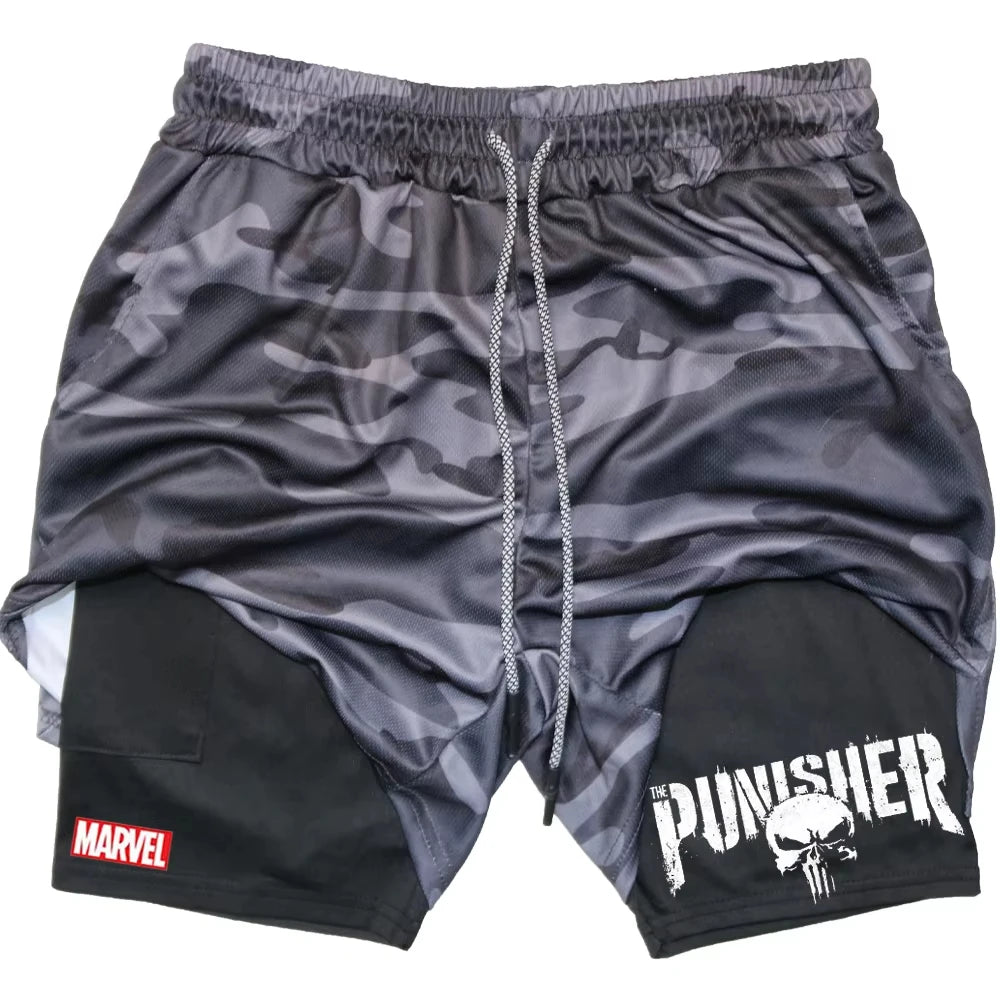 Marvel The Punisher Gym Shorts Men Fitness 2 in 1 Anime Performance Shorts Mesh Quick Dry Athletics Short Pants Summer Male