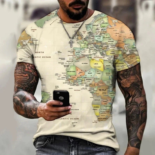 3D Printed World Fashion Map T Shirt Men's Harajuku Pattern Tees Summer Street Loose T-Shirts Short Sleeves Round Neck Tops