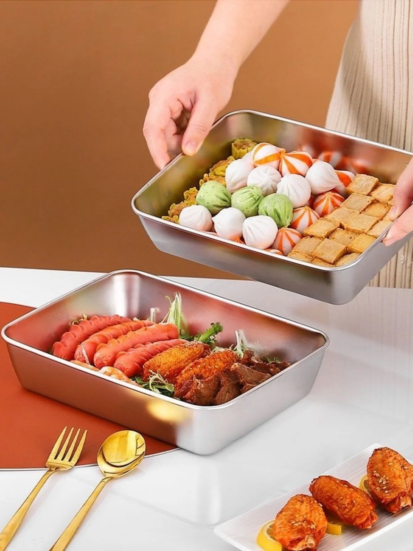 Stainless Steel Rectangle Tray Large Capacity Metal Food Serving Plate Rice Noodle Pan Home Lunch Bento Dishes Storage Organizer