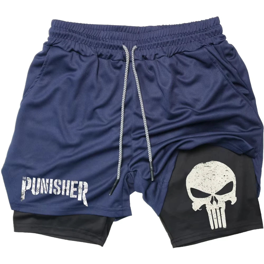 Marvel The Punisher Gym Shorts Men Fitness 2 in 1 Anime Performance Shorts Mesh Quick Dry Athletics Short Pants Summer Male