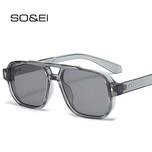 SO&EI Vintage Double Bridges Men Square Sunglasses Fashion Clear Ocean Lens Eyewear Women Trending Rivets Sun Glasses UV400