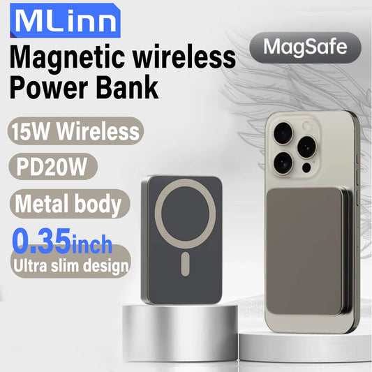 10000mAh Metal Magnetic Wireless Power Bank Thin PD20W Fast Charge for MagSafe iPhone 15 14 13 12 Portable Spare Battery Samsung