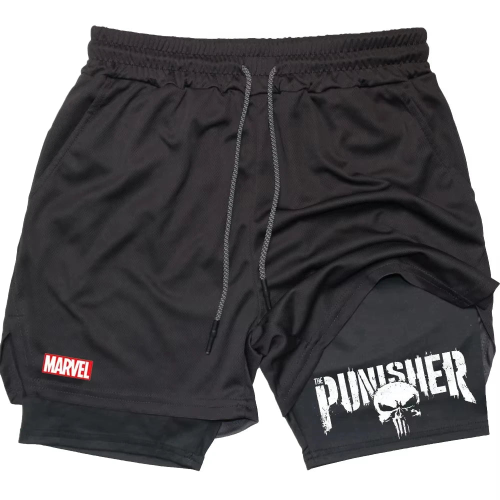 Marvel The Punisher Gym Shorts Men Fitness 2 in 1 Anime Performance Shorts Mesh Quick Dry Athletics Short Pants Summer Male