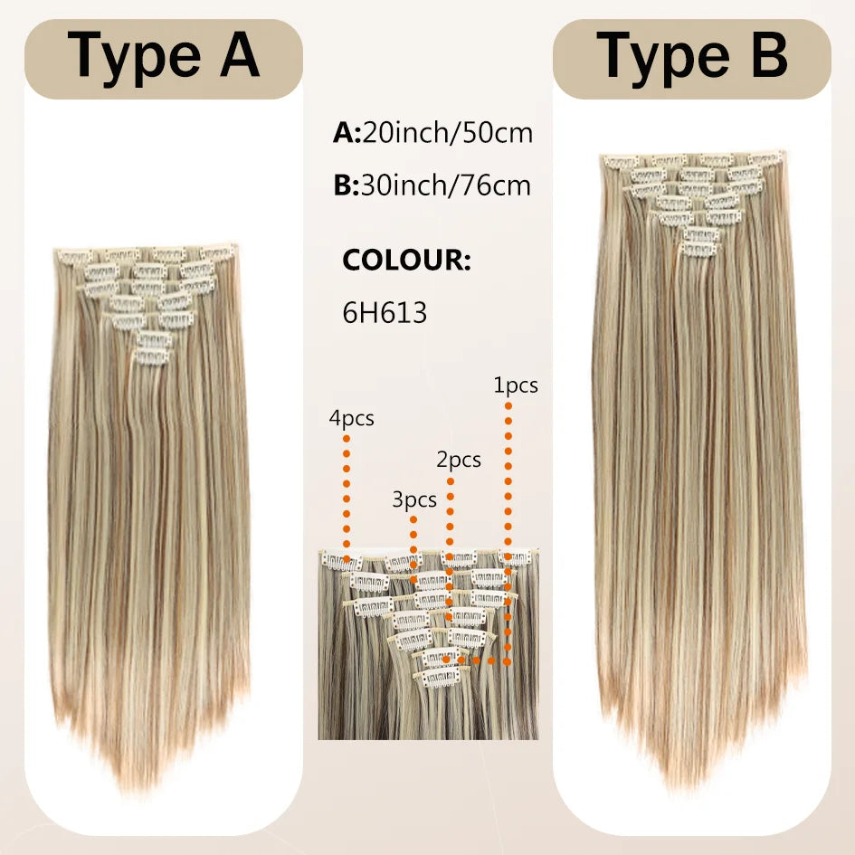 Synthetic 7 pieces/set, 20inch/30inch straight hair extensions, hair clips, female hair accessories, extended extensions