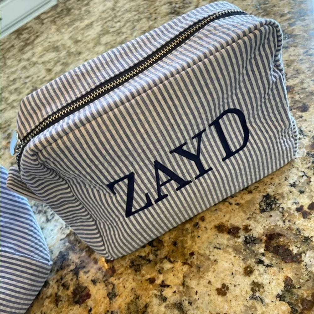 Personalized Seersucker Cosmetic Bag, Monogrammed Toiletry Bag, Embroidered Make Up Bag,Bridesmaid Makeup Bag, Bridesmaid Gift