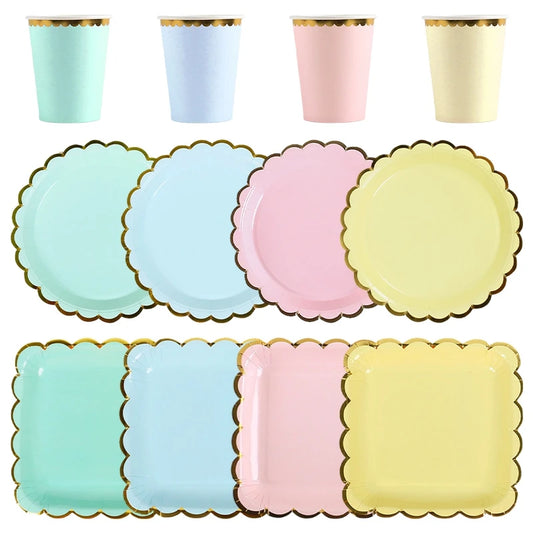 10pcs Colorful Disposable Party Plates Supplies Paper Disposable Cup Plate Dishes Kit Happy Birthday Party Wedding Accessories