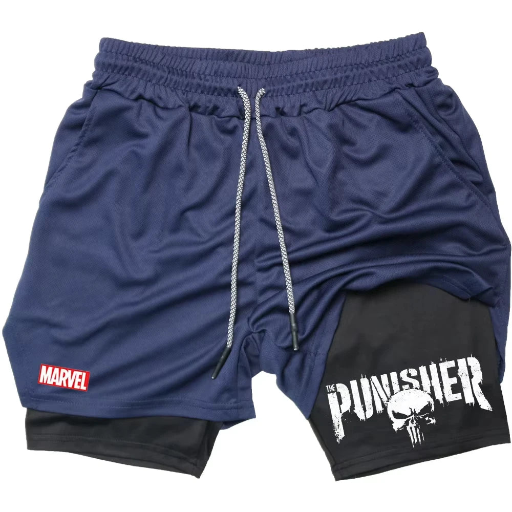 Marvel The Punisher Gym Shorts Men Fitness 2 in 1 Anime Performance Shorts Mesh Quick Dry Athletics Short Pants Summer Male