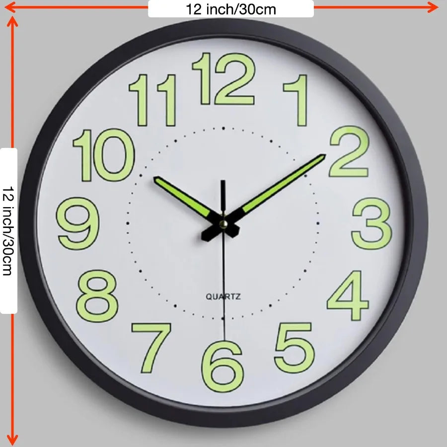 12-Inch Wall Clock Silent Night Light Wall Clock Glowing Display Battery Powered Round Plastic Clock for Day and Night Use