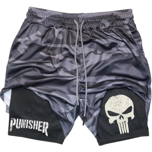 Marvel The Punisher Gym Shorts Men Fitness 2 in 1 Anime Performance Shorts Mesh Quick Dry Athletics Short Pants Summer Male