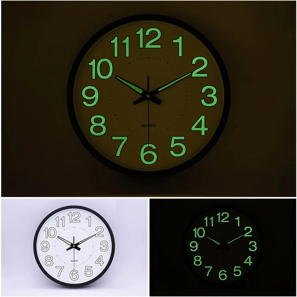 12-Inch Wall Clock Silent Night Light Wall Clock Glowing Display Battery Powered Round Plastic Clock for Day and Night Use