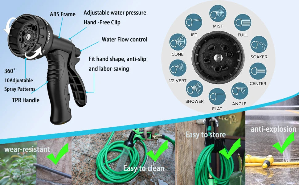 Expandable Garden Hose with 10 Function Spray Nozzle, Nano Rubber latex Elastic Multilayer Leakproof Pipe 3/4Anti Leak Connector