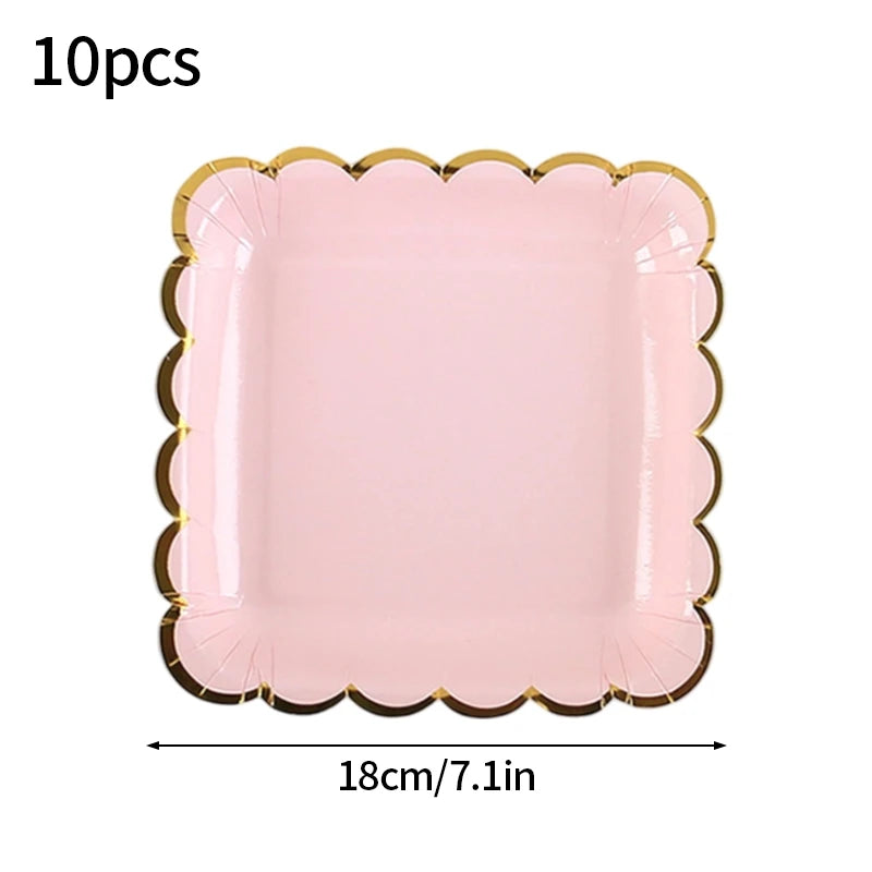 10pcs Colorful Disposable Party Plates Supplies Paper Disposable Cup Plate Dishes Kit Happy Birthday Party Wedding Accessories