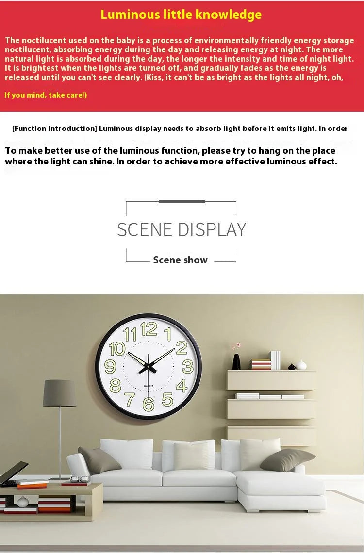 12-Inch Wall Clock Silent Night Light Wall Clock Glowing Display Battery Powered Round Plastic Clock for Day and Night Use