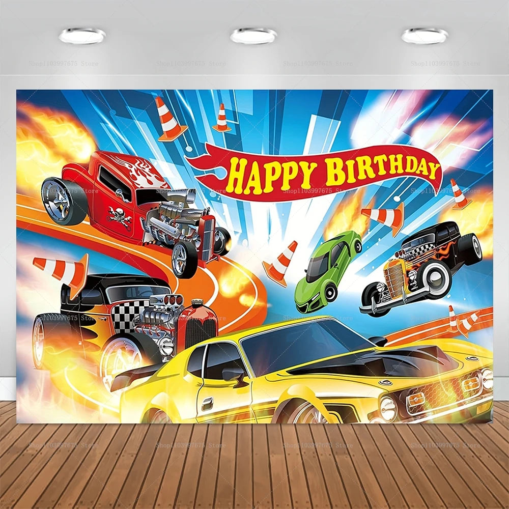 Racing Car Theme Backdrop Hot Wheels Wild Racer Boy 1st Birthday Decor Photography Background Party Supplies Photo Studio Props