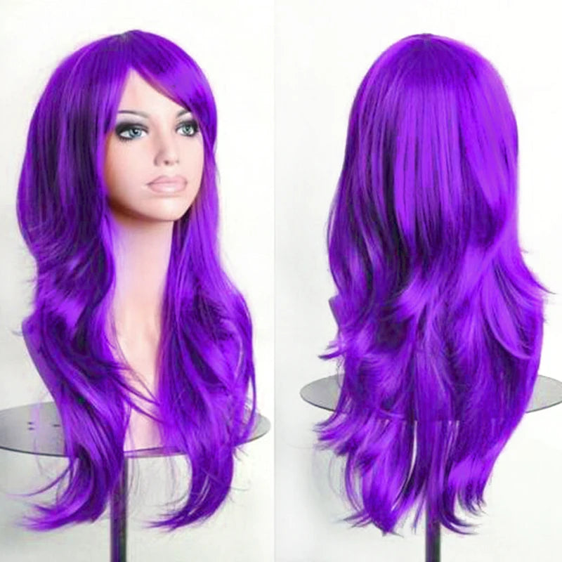 Soowee 70cm Long Synthetic Wigs Pink Purple Cosplay Wig Wavy Halloween Costume Hair Fake Hairpieces for Women