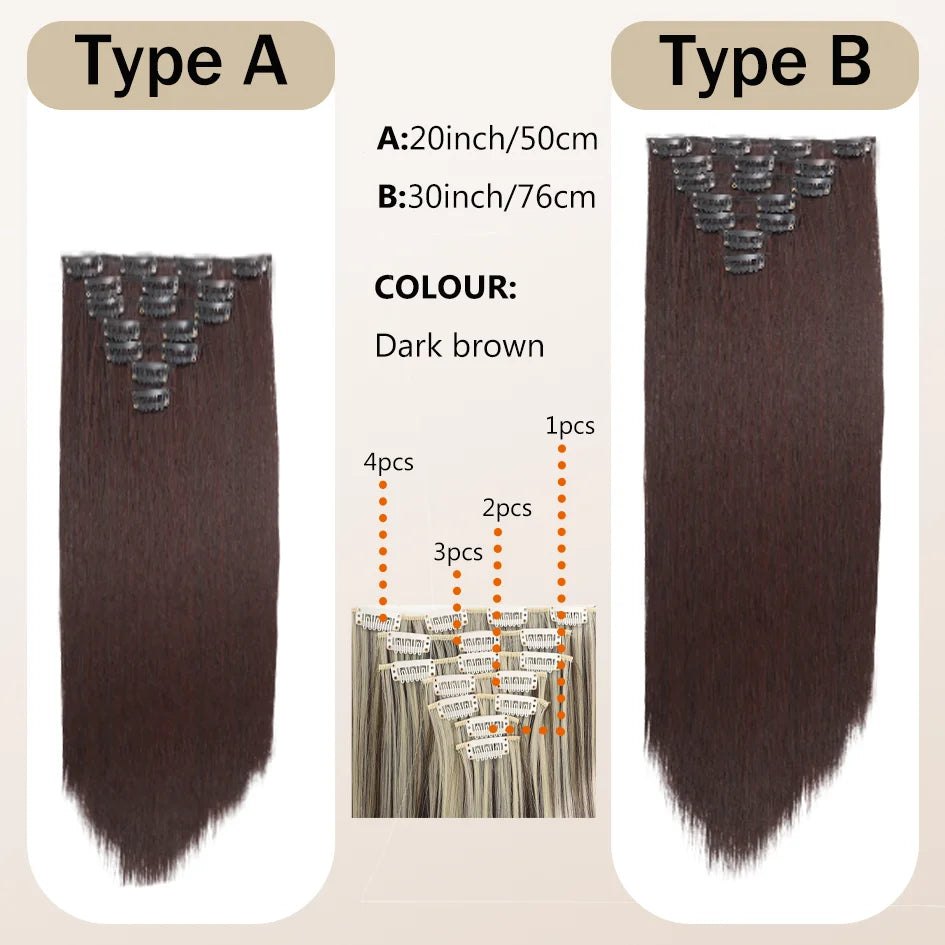 Synthetic 7 pieces/set, 20inch/30inch straight hair extensions, hair clips, female hair accessories, extended extensions