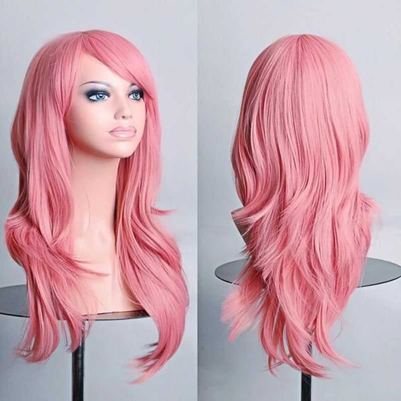 Soowee 70cm Long Synthetic Wigs Pink Purple Cosplay Wig Wavy Halloween Costume Hair Fake Hairpieces for Women