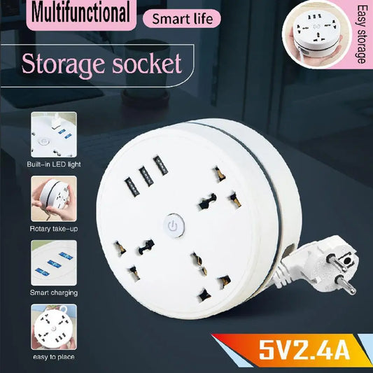 Universal Round Power Strip With USB Phone Charger Cable - Portable Extension Cord Socket Plug With EU/US/UK Options