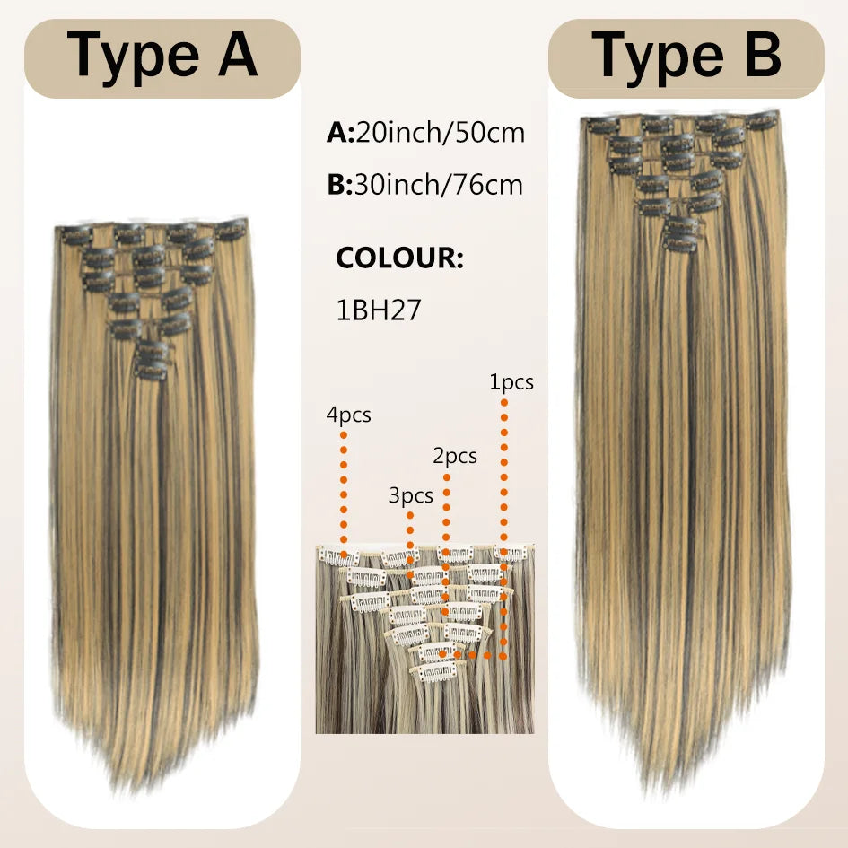 Synthetic 7 pieces/set, 20inch/30inch straight hair extensions, hair clips, female hair accessories, extended extensions