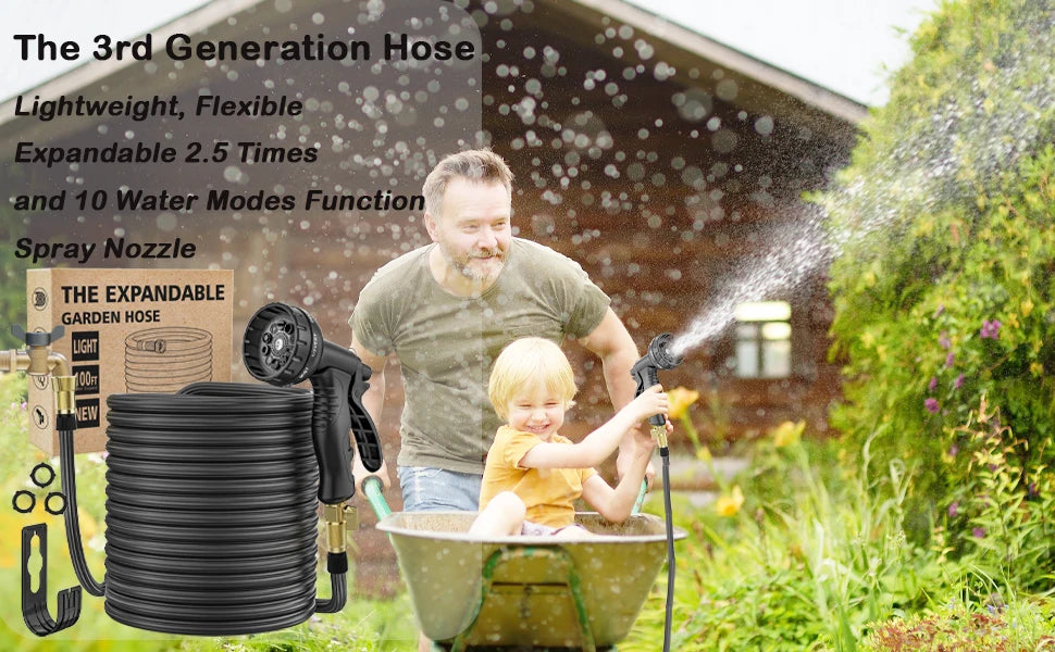 Expandable Garden Hose with 10 Function Spray Nozzle, Nano Rubber latex Elastic Multilayer Leakproof Pipe 3/4Anti Leak Connector