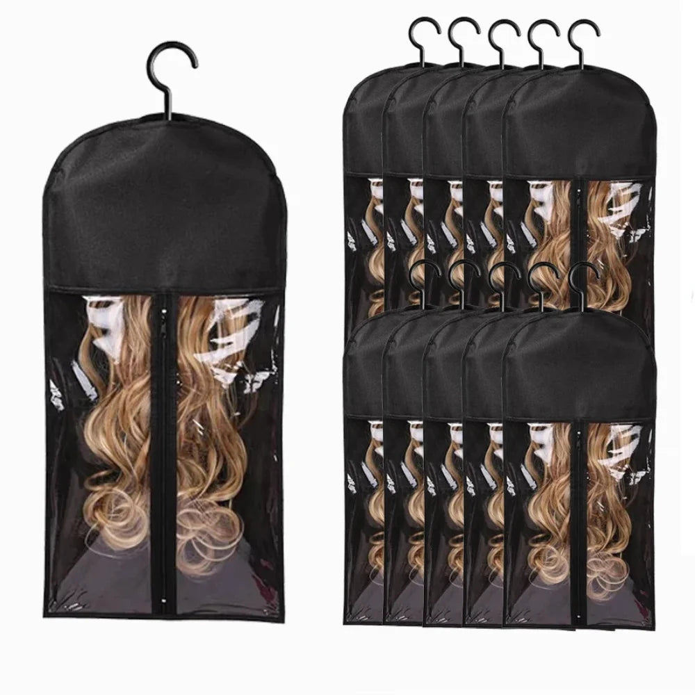 10pcs Long Hair Extensions Storage Bag Non-Woven Dust Proof Wigs Carrier Bags With Plastic Hanger For Home Organizer