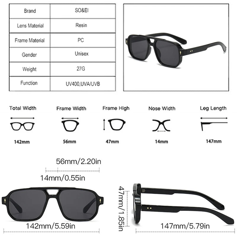 SO&EI Vintage Double Bridges Men Square Sunglasses Fashion Clear Ocean Lens Eyewear Women Trending Rivets Sun Glasses UV400