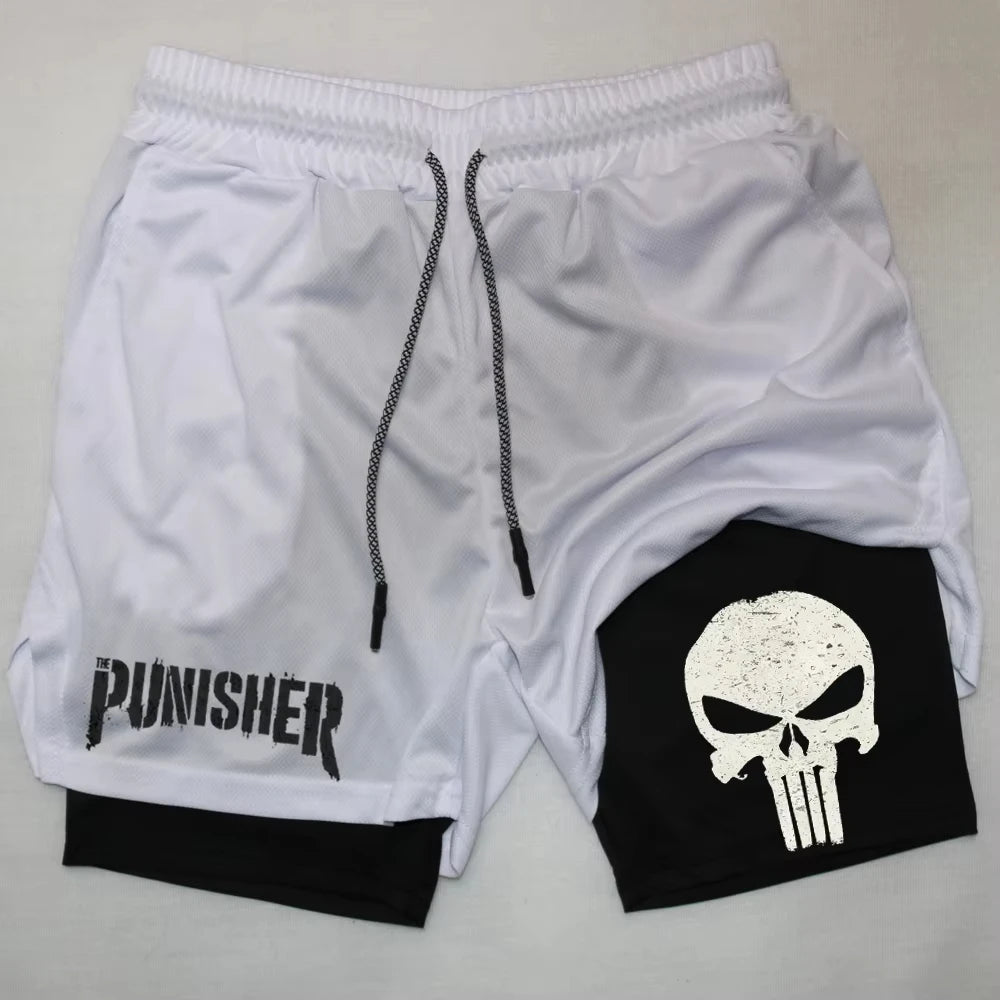 Marvel The Punisher Gym Shorts Men Fitness 2 in 1 Anime Performance Shorts Mesh Quick Dry Athletics Short Pants Summer Male