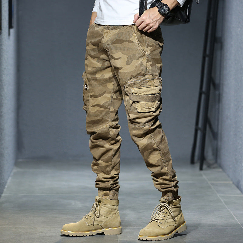 new men's casual pants camouflage cargo pants autumn and winter slim show high military style bunches of foot pants