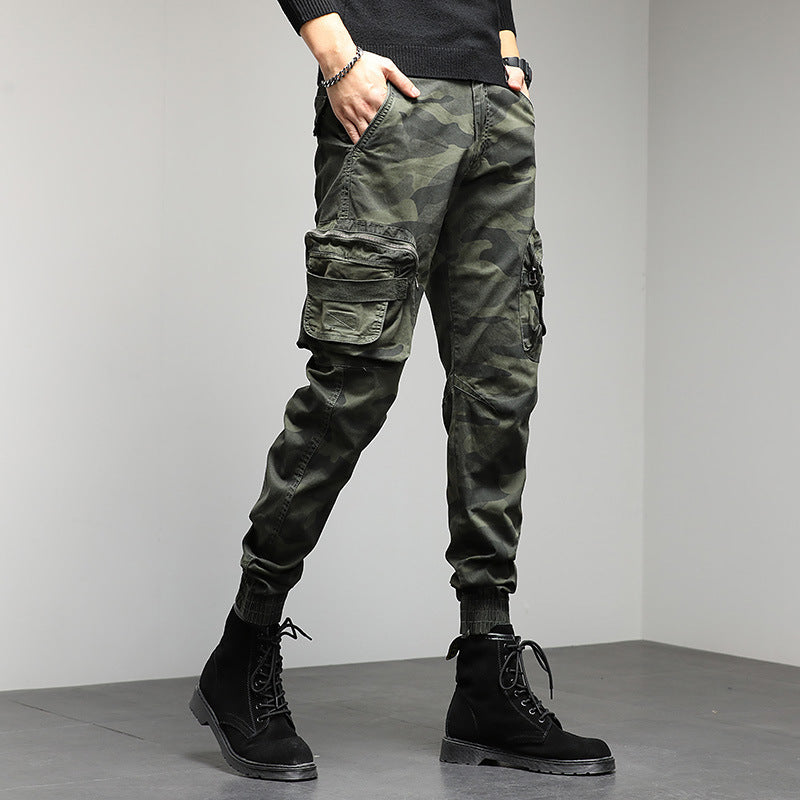 new men's casual pants camouflage cargo pants autumn and winter slim show high military style bunches of foot pants