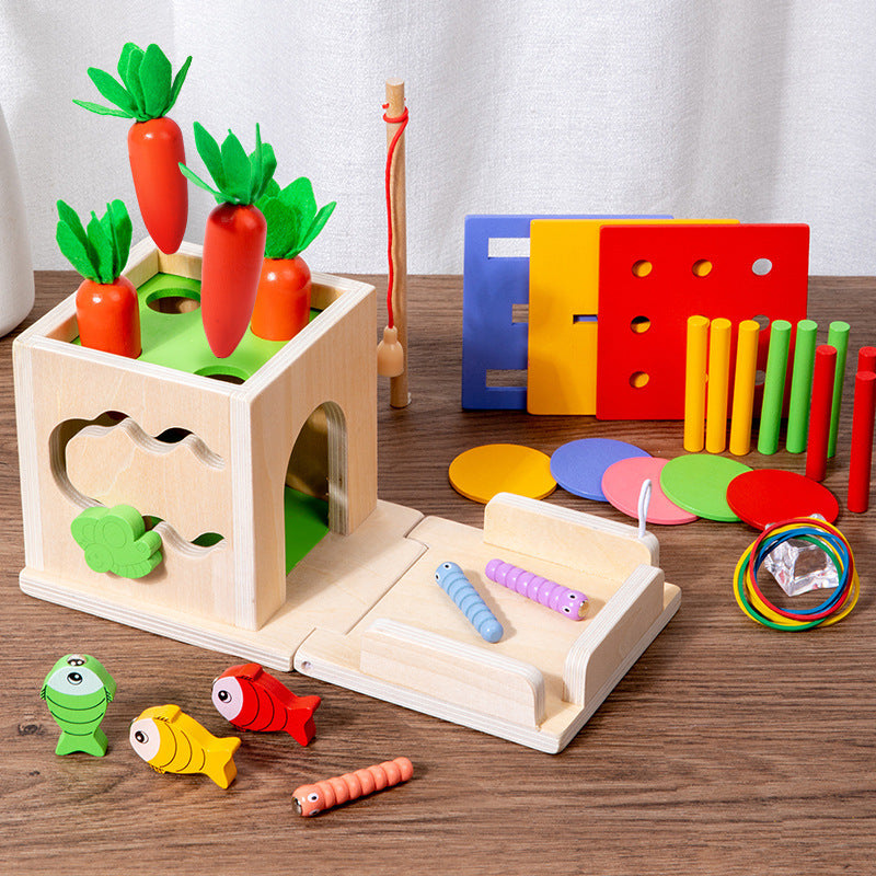 Children's wooden intelligence box pull radish catch worm fishing nail board coin baby early education puzzle ing toy