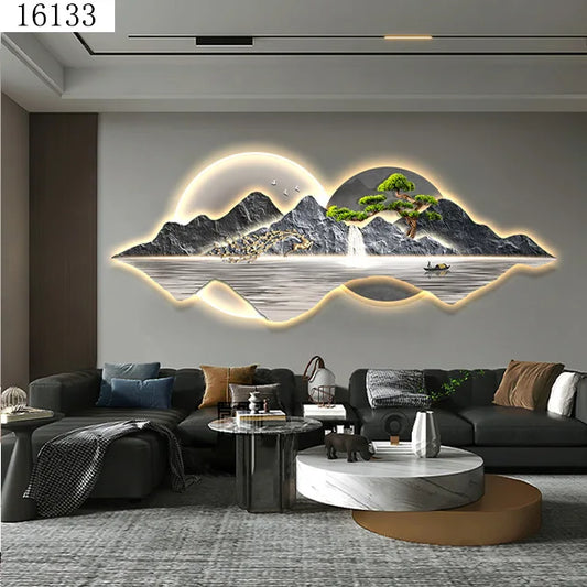 35X100CM Light luxury landscape crystal porcelain modern glass wall paintings with led home decor for living room