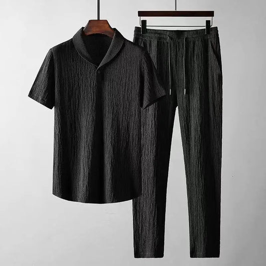 Summer Men 2 Piece Suits Short Sleeve Tops + Long Pants Solid Color Polo Lapel Collar Button Elastic Waist Trousers Tracksuit